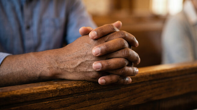 African American man praying with other parishioners. Christian worship service for faith and devotion. Religious pray for spiritual guidance