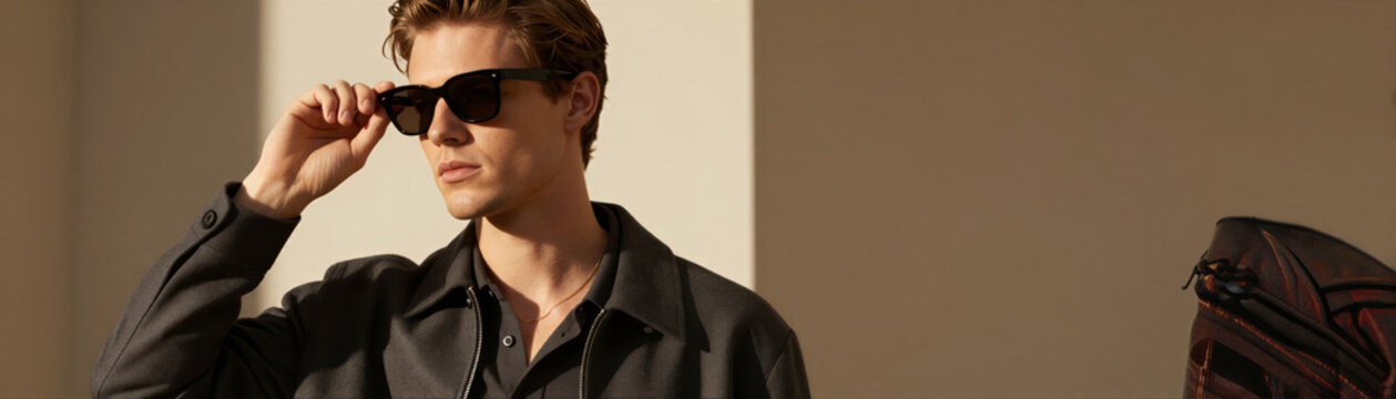 Young Adult Male As Main Subject Confident With Hand Raised Slightly Towards Face Adjusting Touching Sunglasses Wearing Attire Includes