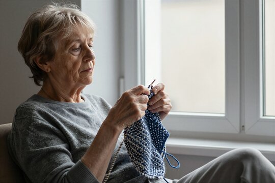 Captures Elderly Woman Seated By Window Engaged In Activity Of Knitting To Middle Aged With Short Light Colored Hair Signs Graying