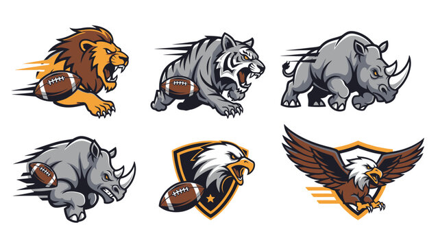 American football team mascots with lion, tiger, rhino, rhino, eagle and shield emblems