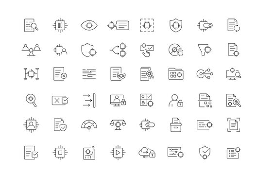 A comprehensive set of AI governance and control icons for managing policies, monitoring activity, handling data flows, and ensuring safe and transparent AI operations, line style with editable stroke