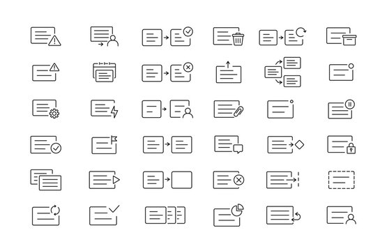 Workflow management UI icon set for task actions, process control, and automation, ideal for SaaS dashboards, admin panels, and project management interfaces, editable stroke line icons