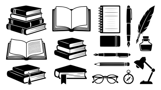 Library study and literature vector icon set featuring textbook stacks open books fountain pen quill inkwell notepad and desk lamp silhouettes