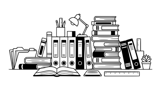 Office desk Workspace with stacks of books ring binders stationery folders ruler and lamp linear vector illustration background