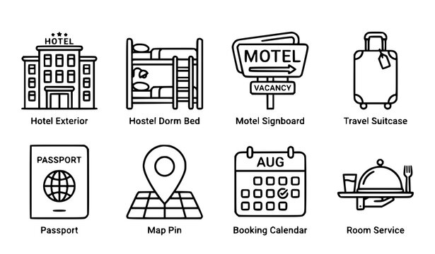 Hotel and travel line icon set featuring accommodation hostel passport booking calendar suitcase motel sign and room service vectors