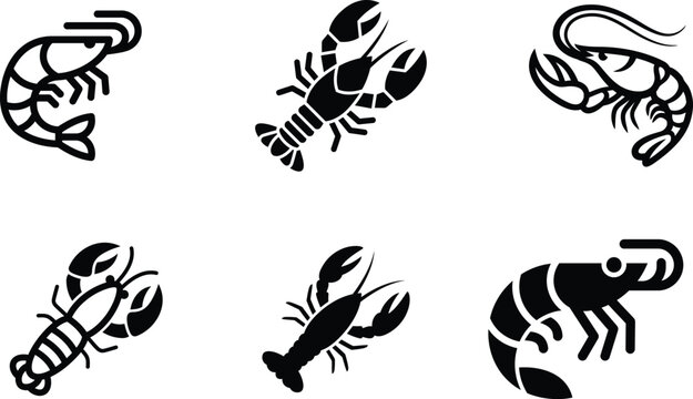 Black silhouettes of various crustaceans and shrimps on white background