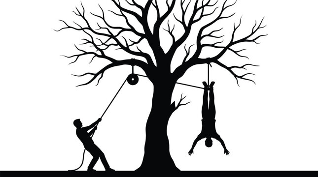 Minimalist black and white vector illustration showing a man pulling a rope to lift another person