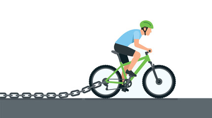 Fototapeta premium Detailed vector illustration of a cyclist riding a mountain bike while pulling a heavy metal chain