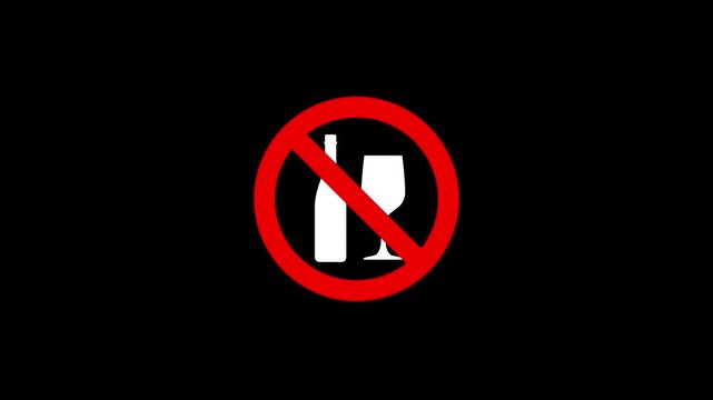 No Alcohol Prohibition Icon Animation Wine Glass Drink Ban Sign Motion Graphic For Dry Zone On Black