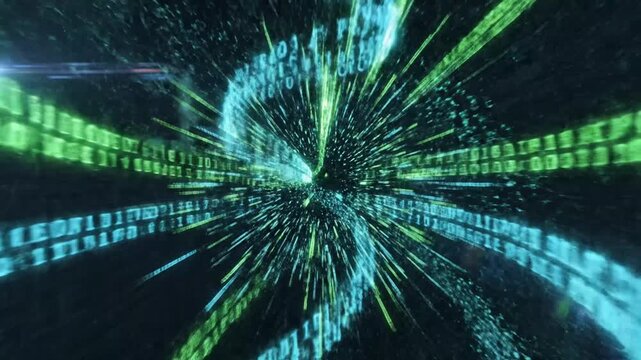 Matrix style falling green binary code on black background.