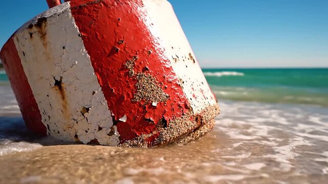 A weathered red and white buoy rests on a sandy beach