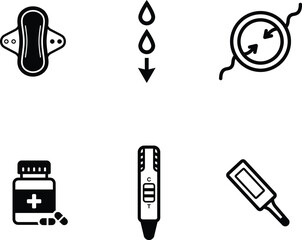 menstruation and contraception icons set including sanitary pad pregnancy test pill bottle and condom © Saidurra12
