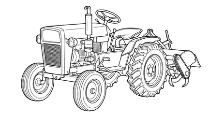 Vintage farm tractor vector line art illustration with rotary tiller attachment for agricultural field cultivation design element © Md Imran