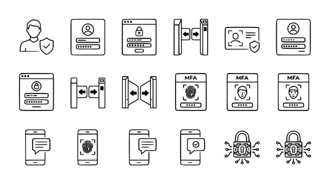 Multi factor authentication and cyber security line icons vector set featuring mfa login biometric face id fingerprint gate lock