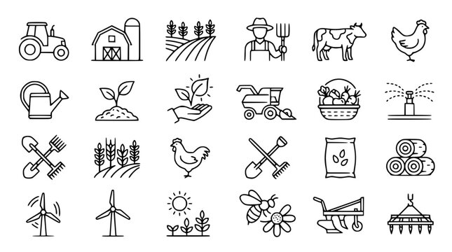 Agriculture and farming equipment outline icons vector set featuring tractor barn farmer livestock field crops harvesting tools sprinkler