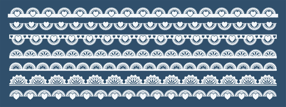 White lace border strip set on teal background. Doily, fan, heart, scallop repeating bands. Dotted, frilly eyelet edges. For card, wedding, scrapbooking, trim, textile. Vector ornamental elements.