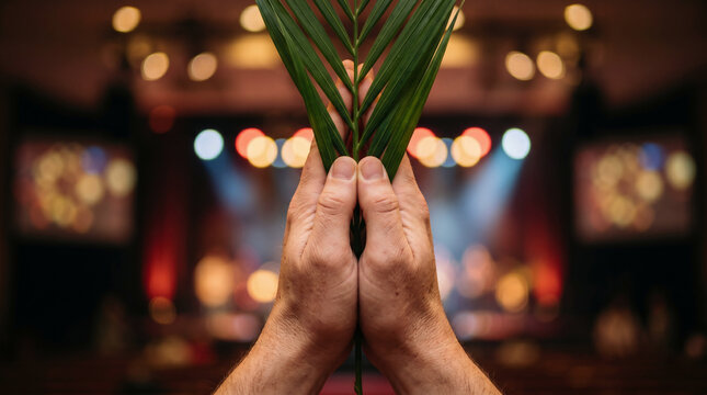 Hands raised in worship during a prayer service in front of a glowing church cross. Palm Sunday celebration with palm leaf decoration. Christian religious event and spiritual gathering