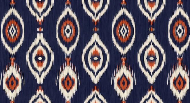 Seamless ethnic tribal ikkat pattern with decorative ogee motifs on blue