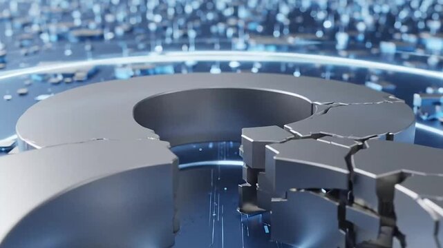 Metallic broken number eight on futuristic glowing blue digital landscape