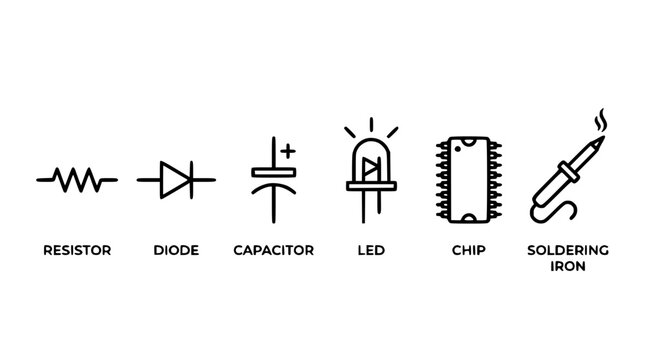 Electronic components and circuit schematic symbols line icons vector set featuring resistor diode capacitor led chip soldering iron