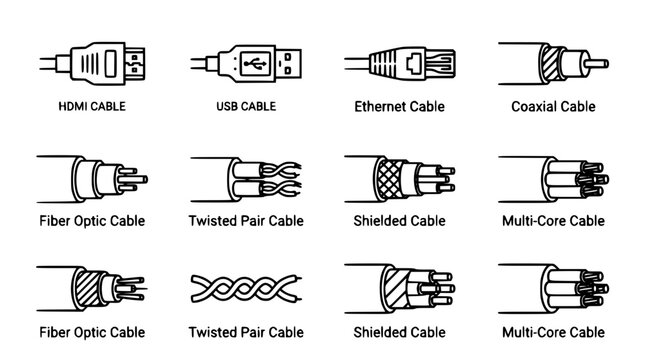 Network communication wires and computer cable plugs outline icons vector set with hdmi usb ethernet coaxial fiber optic multicore