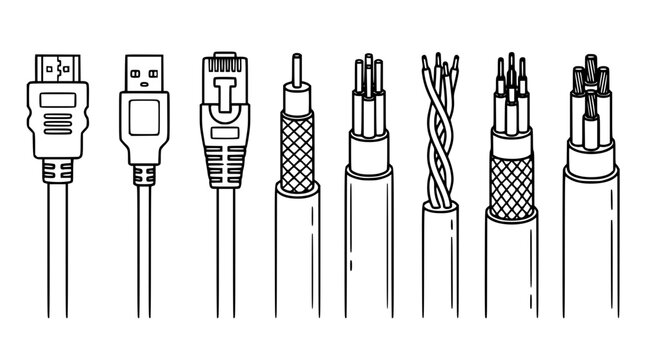 Computer cables and network wire connectors line icons vector set featuring hdmi usb ethernet coaxial optical twisted pair