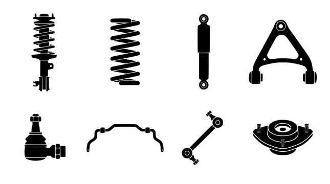 Vehicle suspension parts and automotive chassis components silhouette icons set featuring strut coil spring shock absorber wishbone control arm mount