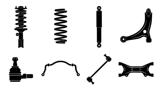 Automotive suspension system and chassis components silhouette vector icons set featuring strut coil spring shock absorber control arm crossmember