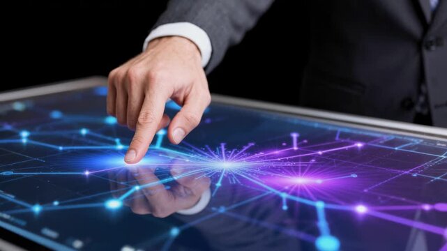 Digital network interface touch screen fingertip technology dark business setting with glowing data connection and futuristic
