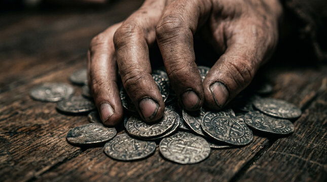 Two men present silver coins to another man. Biblical scene of betrayal for money. Religious imagery for Easter