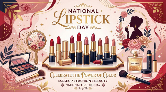 Elegant makeup collection celebration showcasing lipsticks eyeshadow palettes brushes and perfume bottles on national lipstick day