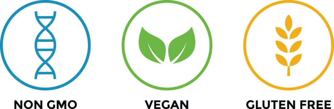 Vegan, Non GMO, Gluten Free icon set. organic food packaging labels. natural product vector design.  Healthy and allergen free products
