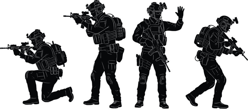 Military special forces soldiers silhouettes in combat gear and tactical poses isolated on white background
