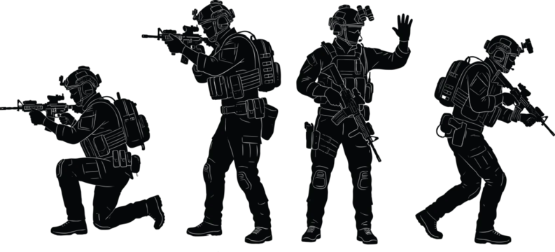 Military special forces soldiers silhouettes in combat gear and tactical poses isolated on white background