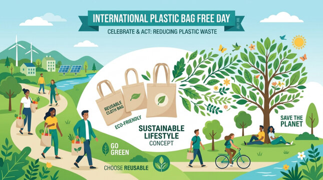 Illustrated infographic promoting sustainable lifestyle choices by showcasing reusable cloth bags and eco friendly living for international plastic bag free day