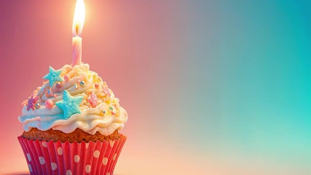 Delicious frosted cupcake with a single lit candle and colorful sprinkles on a soft gradient background