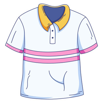 White short sleeve polo sport shirt featuring a yellow collar and pink stripes