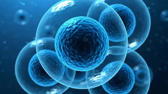 Microscopic view of blue biological cells floating in liquid