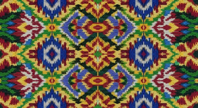 Traditional ikat textile design with vibrant geometric ethnic motifs