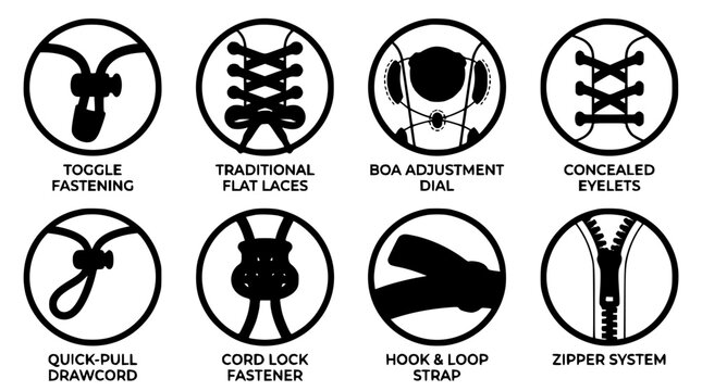 Shoe lacing systems and footwear fastening mechanisms line icons vector set featuring zipper toggle strap laces dial cord lock