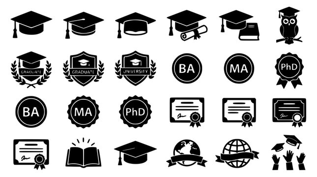 Graduation academic cap and higher education badge icons vector set with diploma certificate owl BA MA PhD degrees