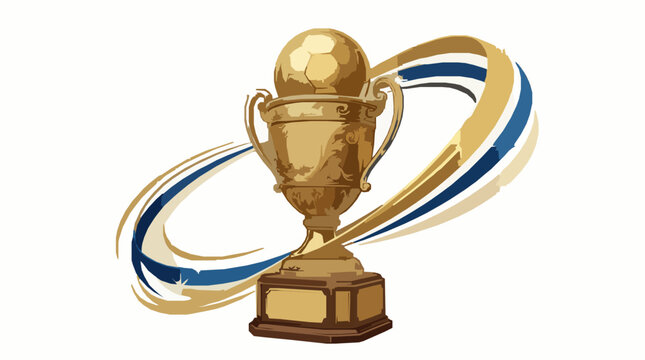 Golden football trophy cup vector illustration with soccer ball and dynamic abstract swoosh rings for championship award design