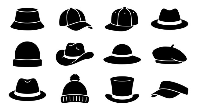 Mens and womens hats silhouette icons vector set featuring cap beanie fedora cowboy top hat beret bucket visor panama