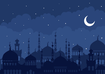 Silhouette of a grand mosque with minarets and domes under a crescent moon night sky mosque silhouette © CreativeNest