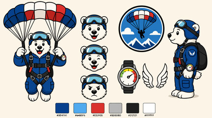 Cartoon Husky Characters in Skydiving Gear and Accessories. © Gakih