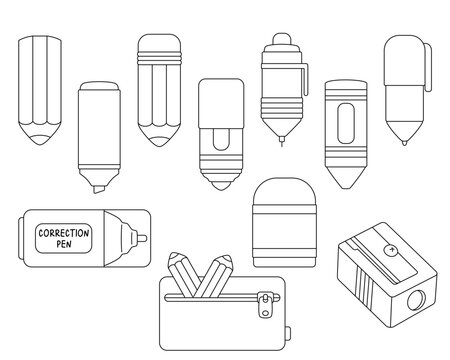 Stationery Outline Set Pencil, Pen, Crayon, Pencil Case, Sharpener, Correction Fluid