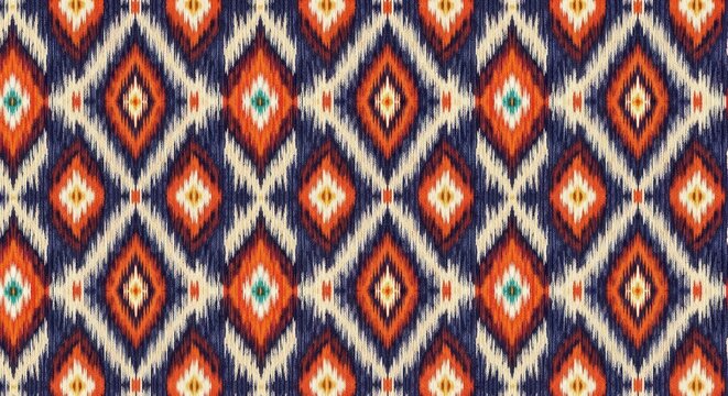 Seamless Ikat Textile Design with Geometric Diamond Shapes and Ethnic Colors