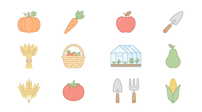 Set of Farm and Garden Icons Featuring Produce and Tools.