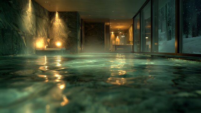 Ultra realistic view of floating calmly in jade-colored spa water at night, camera placed right above the water surface with clear water line, soft ripples and soft reflections in the foreground