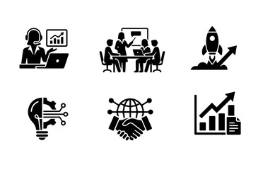 Naklejka premium Business Icons, Startup Symbols, Black Vector Graphics, Office Signs, 6 Pieces